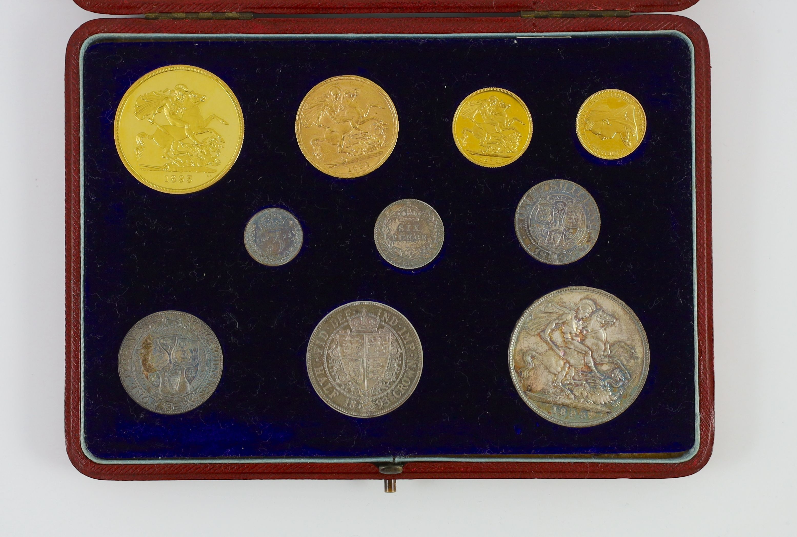 UK coins, a cased Victoria 1893 gold and silver proof coin set